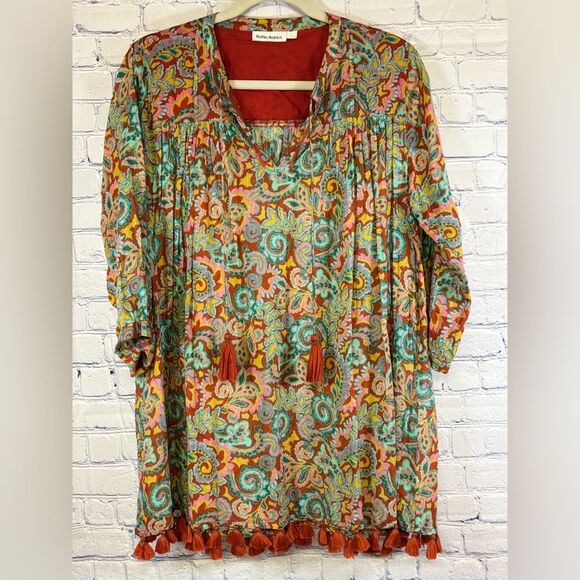 Roller Rabbit Tops - Roller Rabbit Orange Teal Rodez Serafina Boho Tassel Trim Relaxed Fit Tunic L